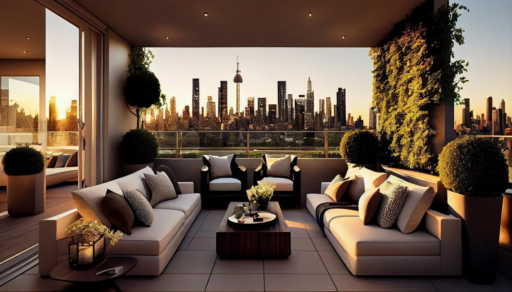 Warm outdoor living space with a New York skyline view