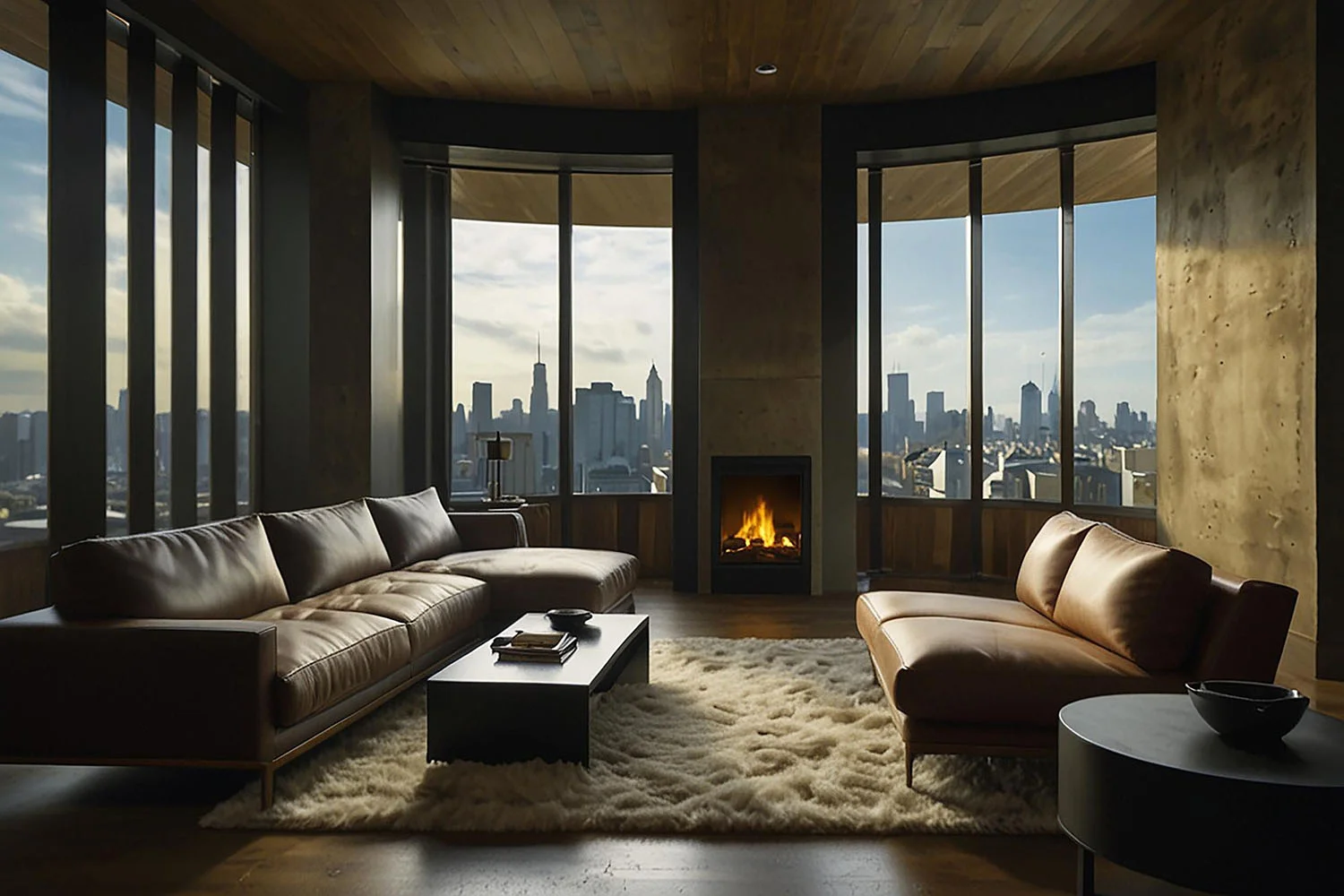 Moody modern living room with a fireplace