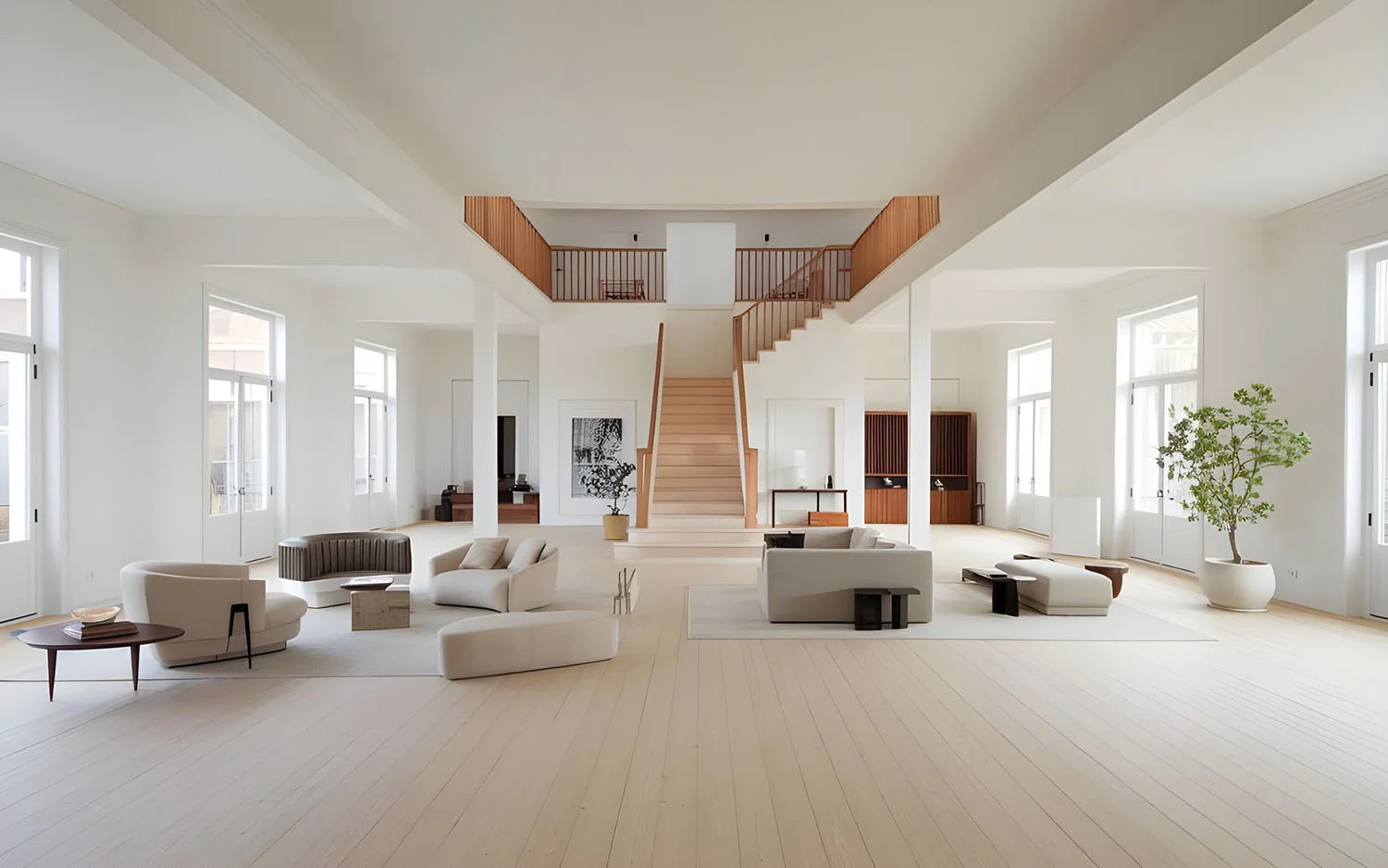 Bright, carefully designed living space with warm wood details