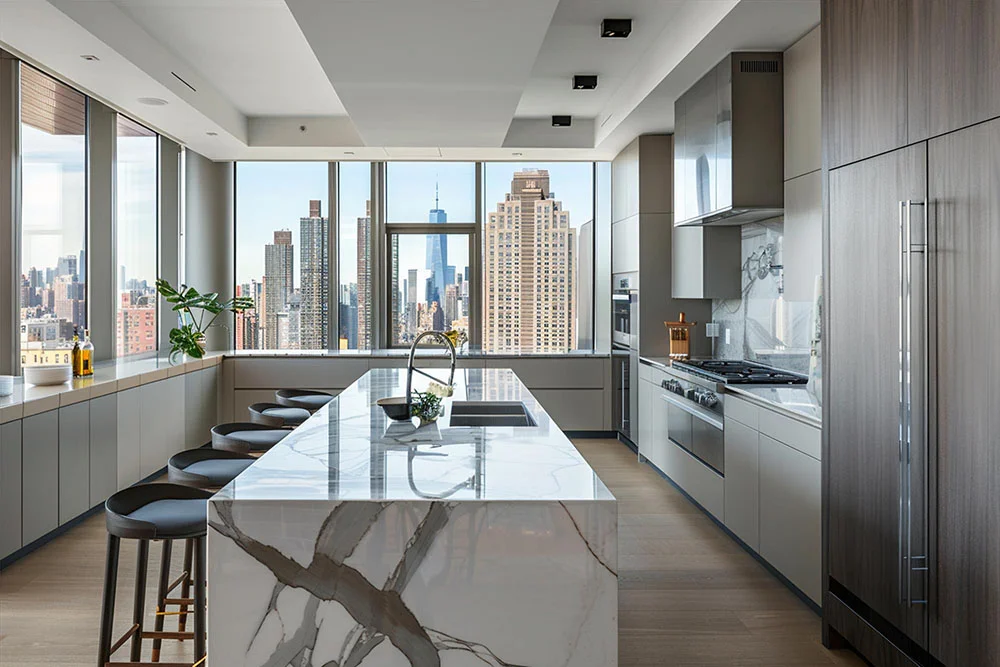 Contemporary kitchen with a city view